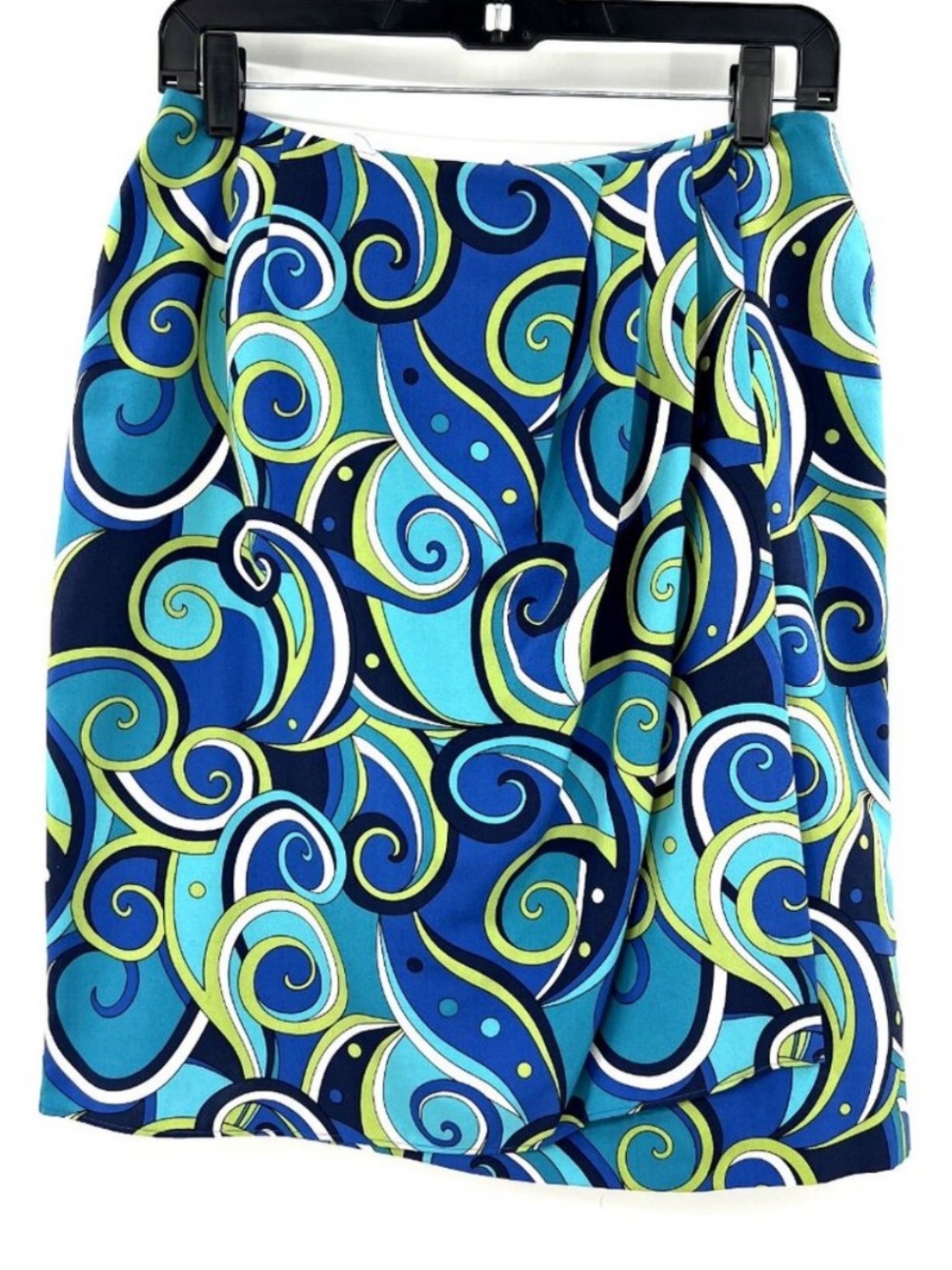 Liz Claiborne Pucci Inspired Swirl Blue Teal Green 100% Silk Pleated Wrap Skirt